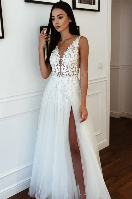 A-line V-neck Tulle Lace Appliques Boho Wedding Dresses, Slit Floor Length Bridal Gown