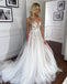 Spaghetti Straps V-Neck Lace Appliques A-line Tulle Rustic Wedding Dress QW2286|SQOSA