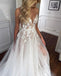 Spaghetti Straps V-Neck Lace Appliques A-line Tulle Rustic Wedding Dress QW2286|SQOSA