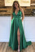 simple evening gown with pockets halter v-neck green long prom dress dtp589