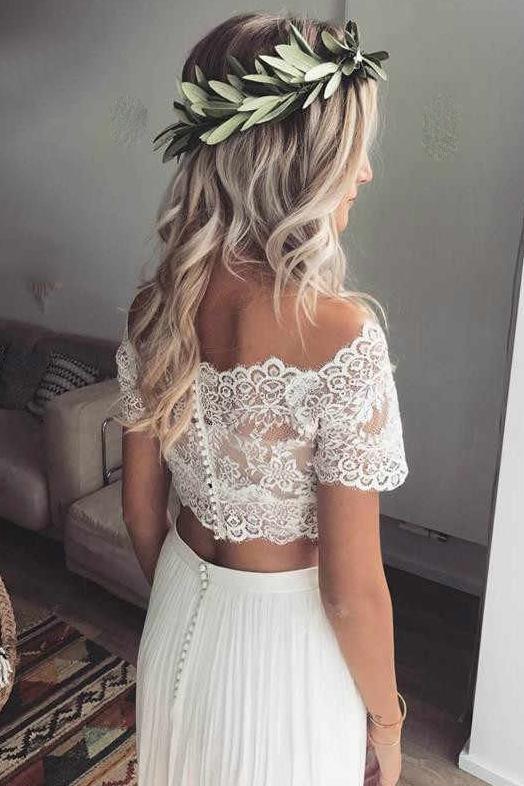 Short Sleeves Two Piece Boho Wedding Dress, Chiffon Beach Wedding Dresses