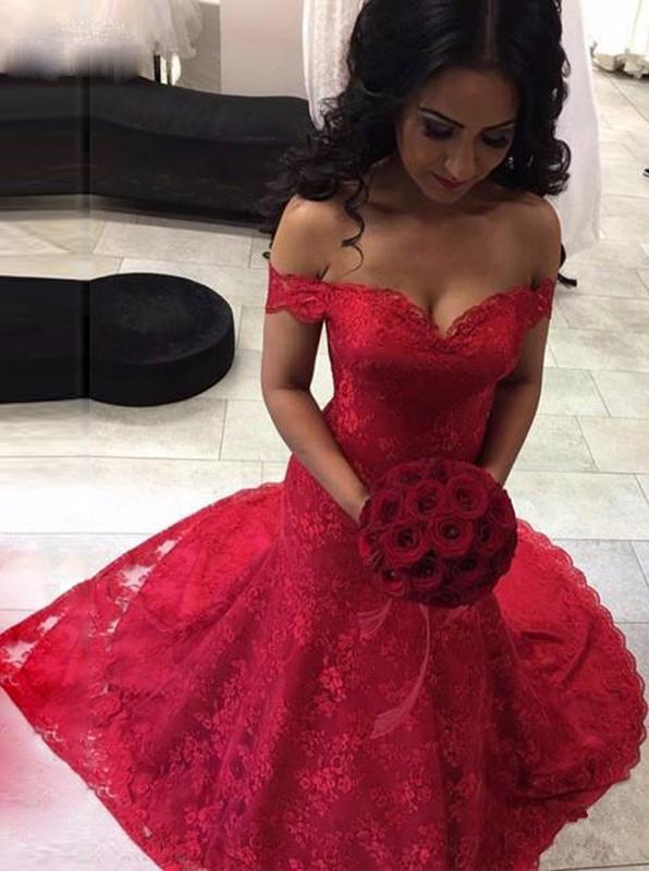 red mermaid lace prom dresses off the shoulder long pageant gown dtp1063
