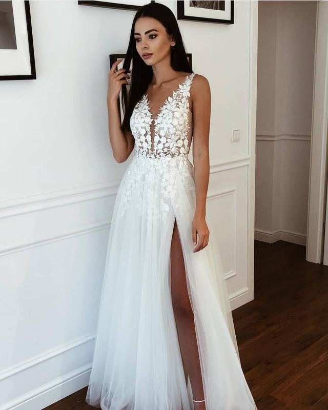 A-line V-neck Tulle Lace Appliques Boho Wedding Dresses, Slit Floor Length Bridal Gown