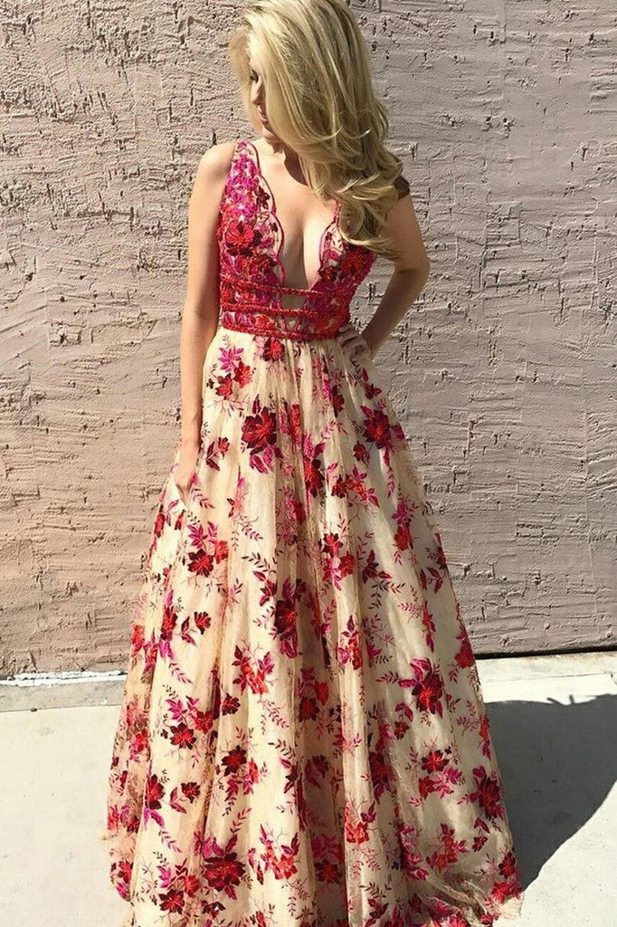 deep v-neck long backless prom dress with beading embroidery floral dtp79