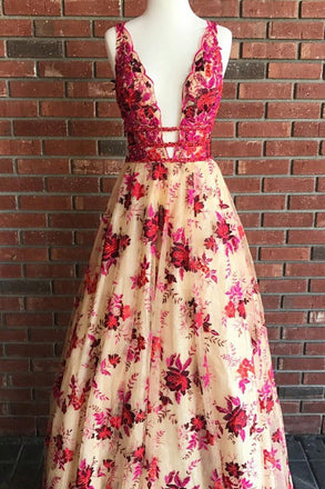 Deep V-Neck Long Backless Prom Dress With Beading Embroidery Floral