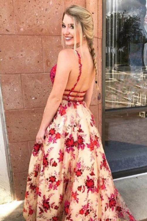 Deep V-Neck Long Backless Prom Dress With Beading Embroidery Floral