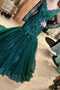 Dark Green Mermaid Evening Dresses Tulle Long Sleeves Appliques Party Gowns