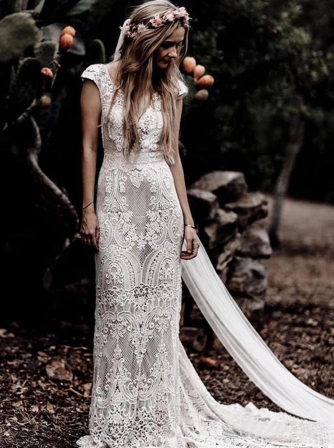 Sheath Ivory Lace Rustic Wedding Dresses, Cap Sleeve Beach Wedding Gowns