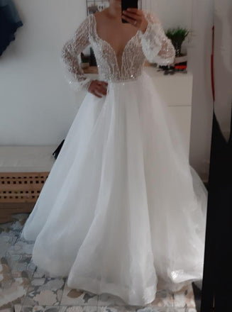 Sparkle Long Sleeve V-neck Sequins Beach Wedding Dresses Backless Bridal Gown