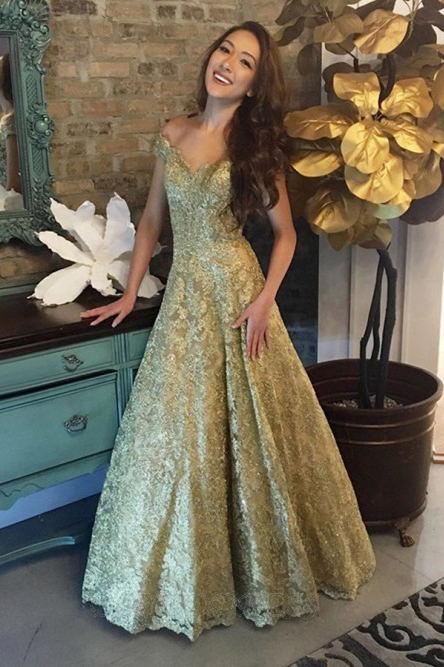 A-Line Off-the-Shoulder Lace Prom Dresses Gold Party Dress