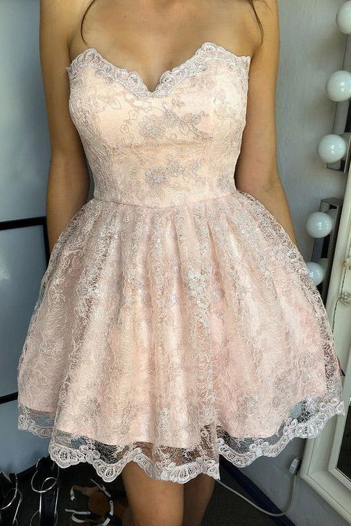 chic lace short prom dress sweetheart lace a-line homecoming dress dth155