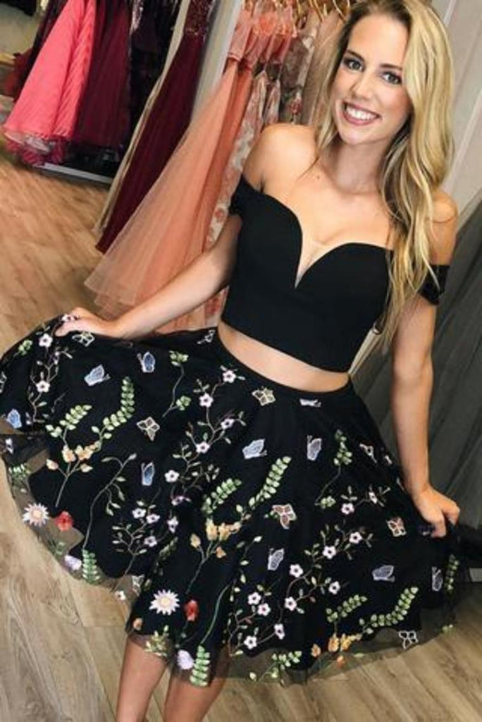 two piece short prom dress off-shoulder black floral embroidered homecoming dresses dth268