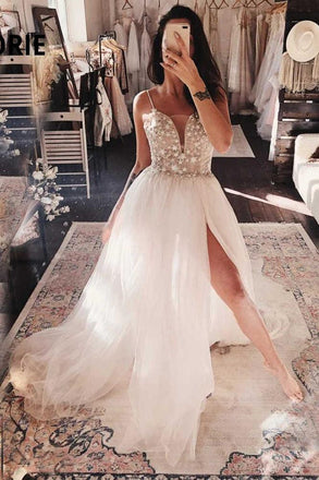 gorgeous a-line twinkling stars embroidered prom wedding dress with split dtw342