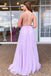 Spaghetti Straps Tulle Lilac Prom Dress, Backless Formal Evening Dress With Lace