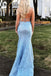 Sky Blue Backless Prom Dress Lace Appliques Mermaid Evening Gown