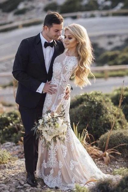 Modest Long Sleeve Mermaid Lace Wedding Dresses Rustic Wedding Gowns