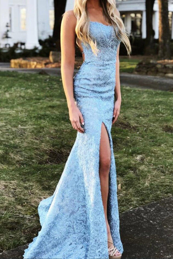 sky blue backless prom dress lace appliques mermaid evening gown dtp553