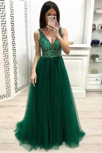 a-line v-neck dark green long prom dress beading formal dress dtp62