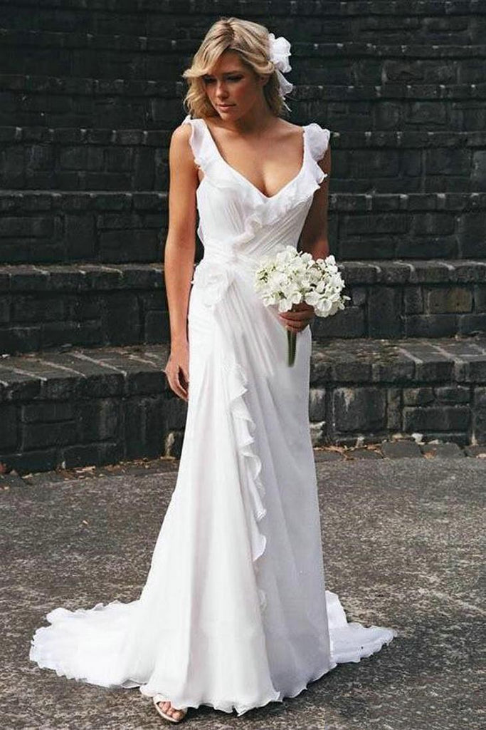 Straps Beach Chiffon Backless Wedding Dress With Ruffled Bridal Dress DTW131 DressTok.co.uk Straps Beach Chiffon Backless Wedding Dress With Ruffled Bridal Dress DTW131 DressTok.co.uk