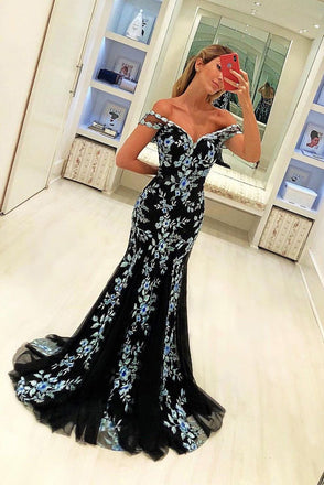 elegant black mermaid prom dress with appliques formal party gown dtp555