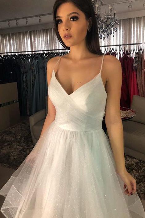 a-line v-neck glitter bridal gown sparkle tulle backless wedding dress dtw100