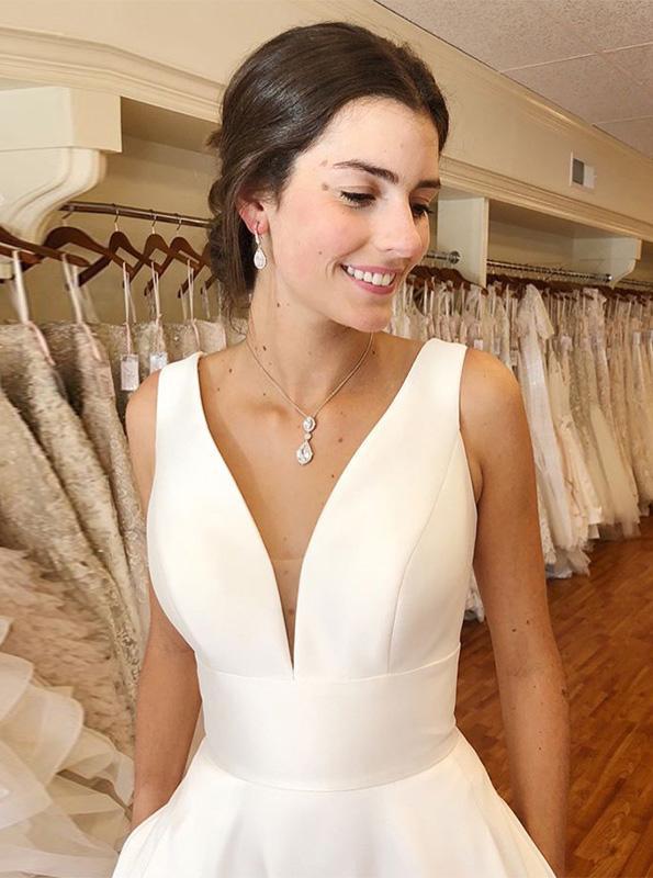 A-line V-neck Ivory Simple Wedding Dresses Satin Bridal Gown