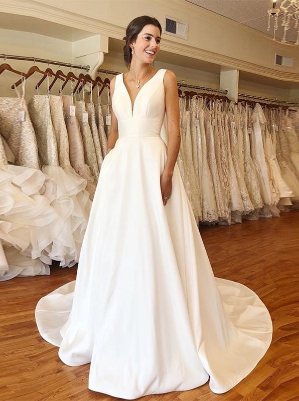 a-line v-neck ivory simple wedding dresses satin bridal gown dtw385