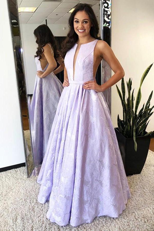 a-line bateau sleeveless lilac floral satin prom graduation dress dtp535