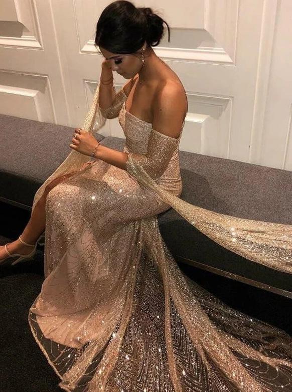 Off-Shoulder Long Prom Dresses with Sleeves, Sexy Sequins Evening Dresses