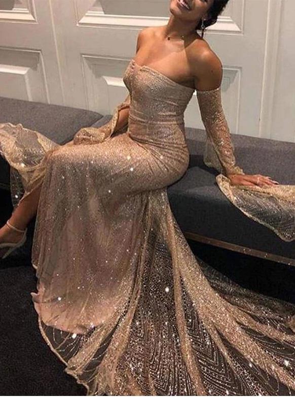 Off-Shoulder Long Prom Dresses with Sleeves, Sexy Sequins Evening Dresses