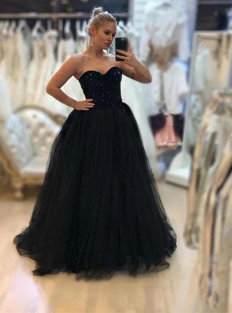 a-line beading sweetheart tulle black long prom formal dresses dtp899