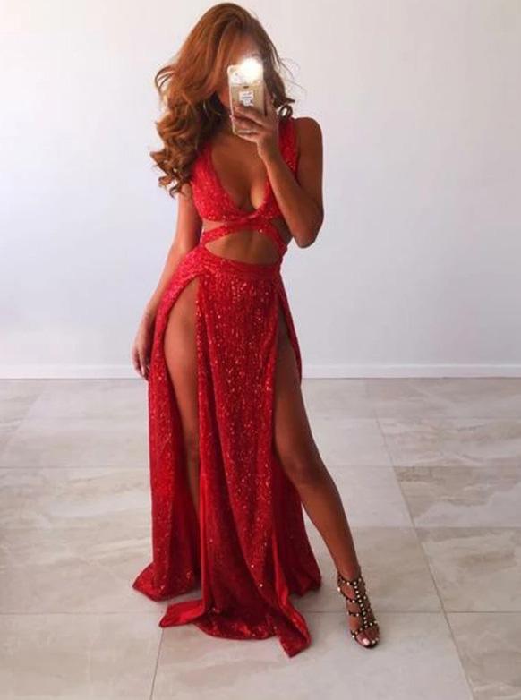 Rose Gold Sequins Long Prom Dresses, Sexy Evening Dresses With Split