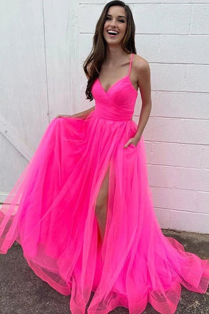 fluorescent fuchsia spaghetti straps long prom dresses with split dtp1094