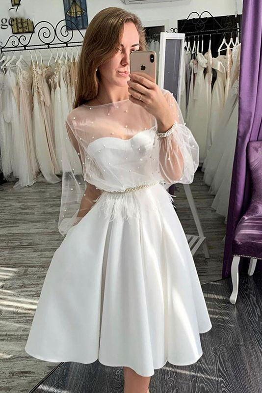 see-though long sleeve homecoming dress a-line short prom dress with beads dth125