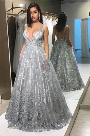 backless formal dress with pockets deep v-neck long sequins prom dresses dtp845