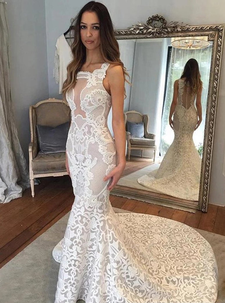 square illusion back court train mermaid lace wedding dress dtw376