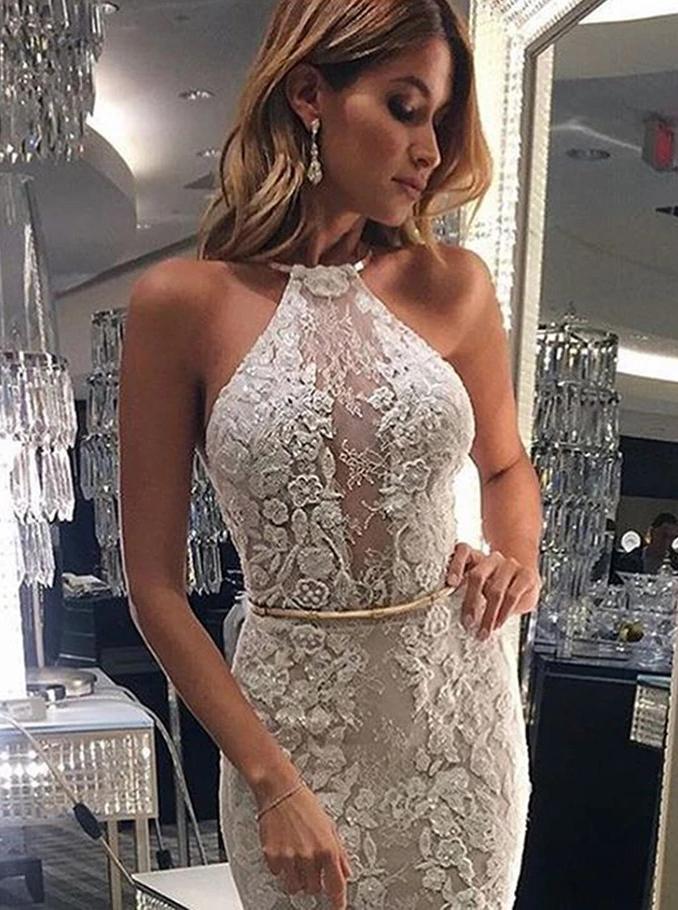 halter mermaid lace sleeveless wedding dress with appliques dtw377