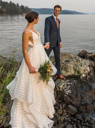 deep v-neck stripes plus size wedding dresses organza backless bridal gown dtw373