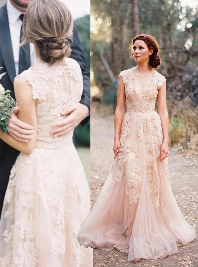 a-line v-neck tulle sleeveless wedding dress with lace appliques dtw370