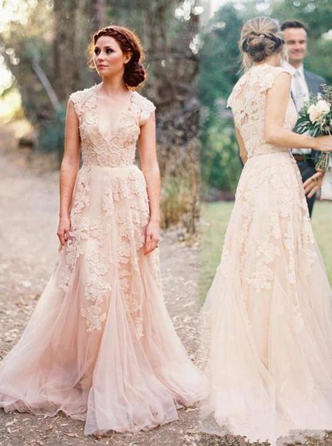 A-line V-neck Tulle Sleeveless Wedding Dress with Lace Appliques