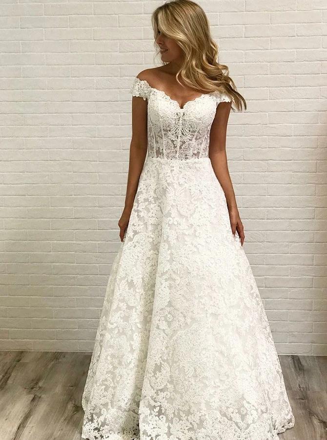 a-line lace bridal gown off shoulder sleeveless lace wedding dresses dtw369