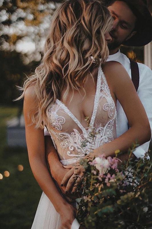 Flowy A-line V-neck Boho Wedding Dress With Appliques Beading DTW346 DressTok.co.uk Flowy A-line V-neck Boho Wedding Dress With Appliques Beading DTW346 DressTok.co.uk