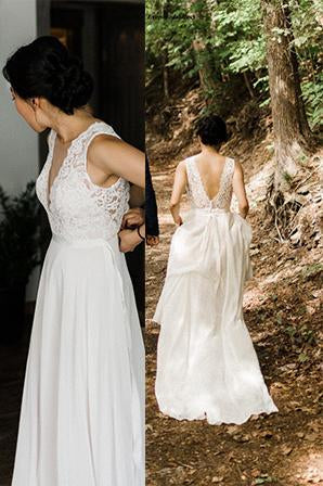 a-line sheer round neckline lace chiffon beach wedding dress dtw315
