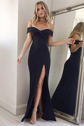 sexy black evening gown off shoulder sheath split black long prom dress dtp324