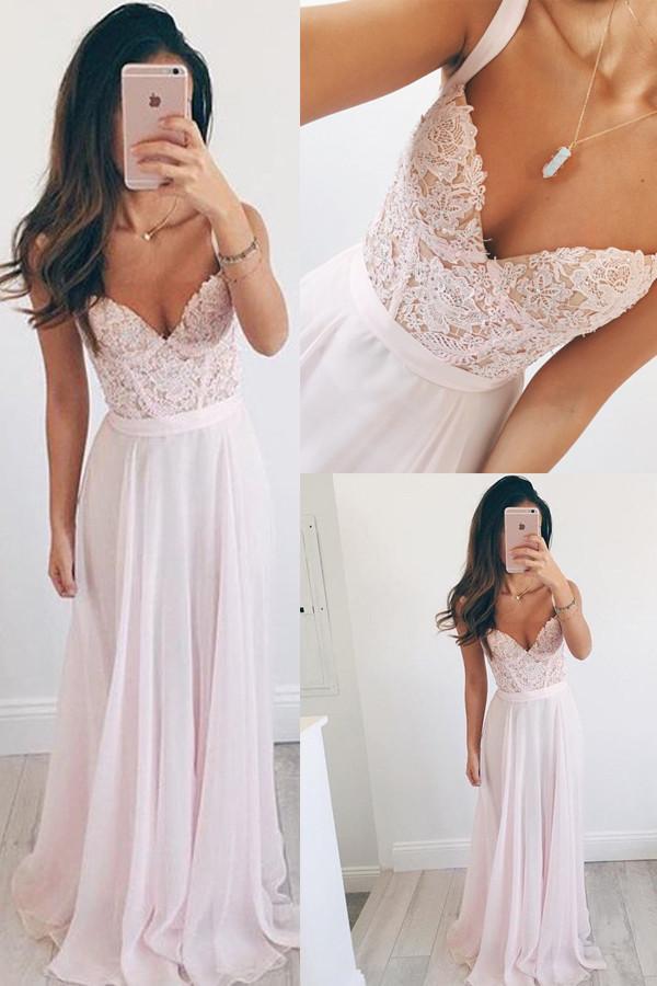 baby pink v-neck chiffon long prom dress evening dress with lace dtp43