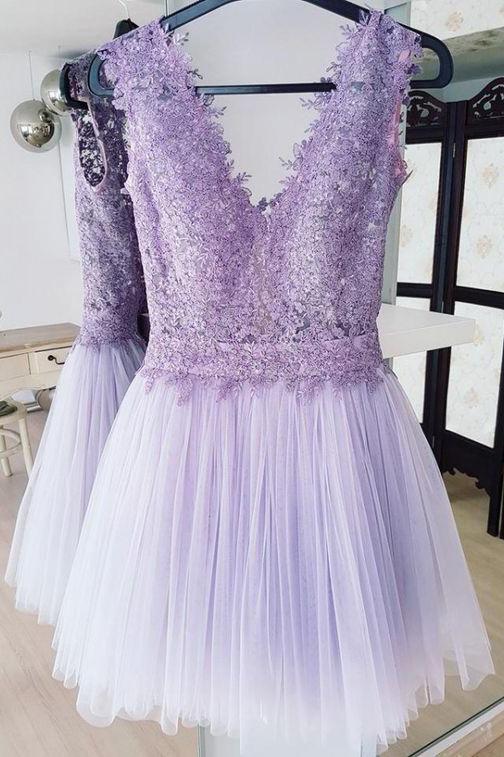 cute a-line v-neck lace top tulle lilac short homecoming dress dth140