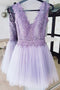 Cute A-line V-neck Lace Top Tulle Lilac Short Homecoming Dress