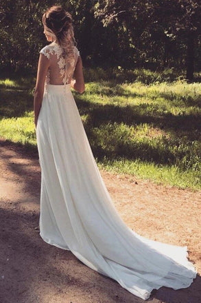see-through lace applique wedding dress chiffon beach wedding dress with slit dtw98