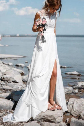 see-through lace applique wedding dress chiffon beach wedding dress with slit dtw98