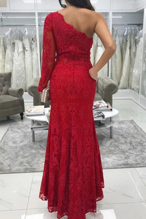 one shoulder long sleeve lace mermaid red prom dresses with split dtp1076